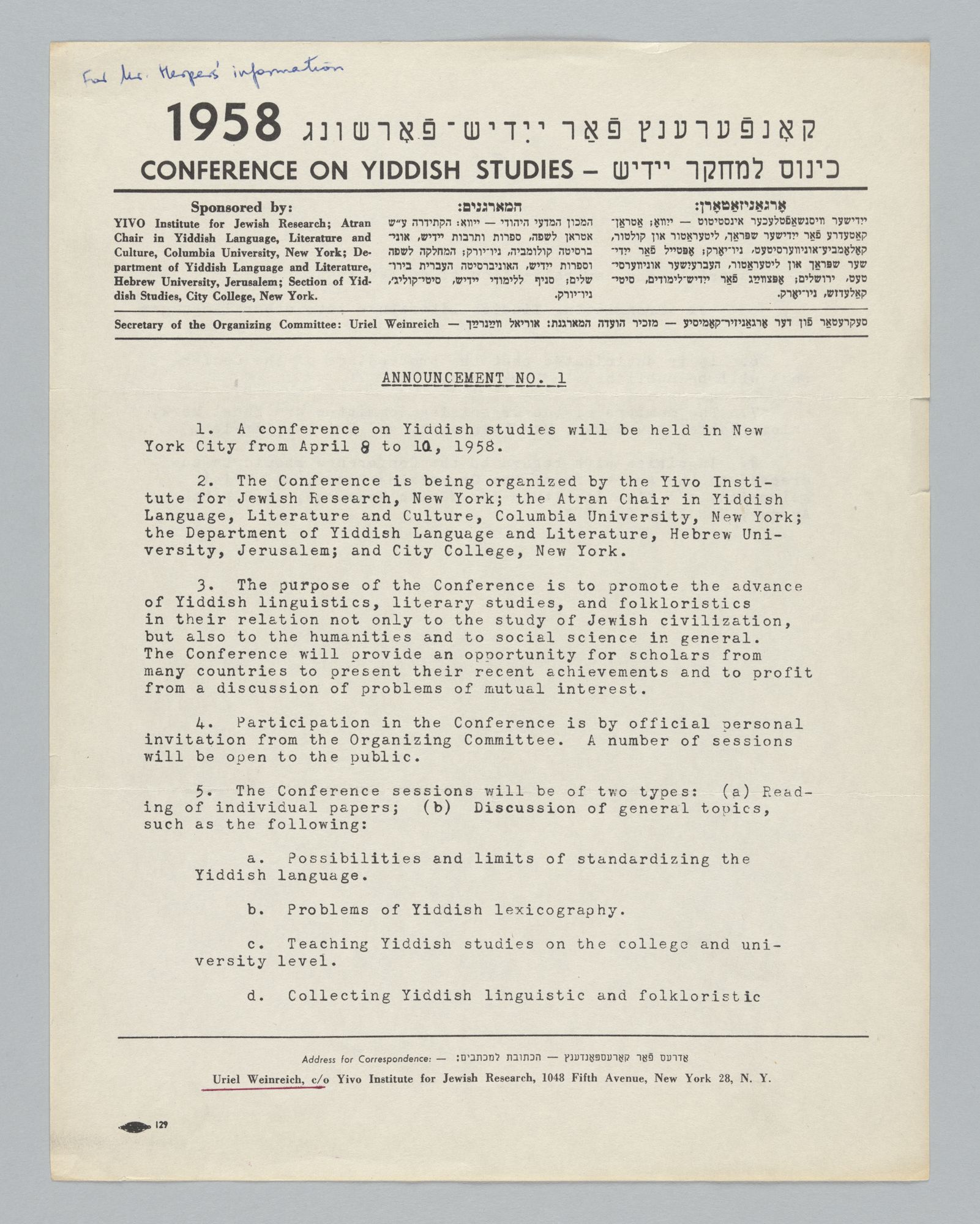Poster for Yiddish Conference