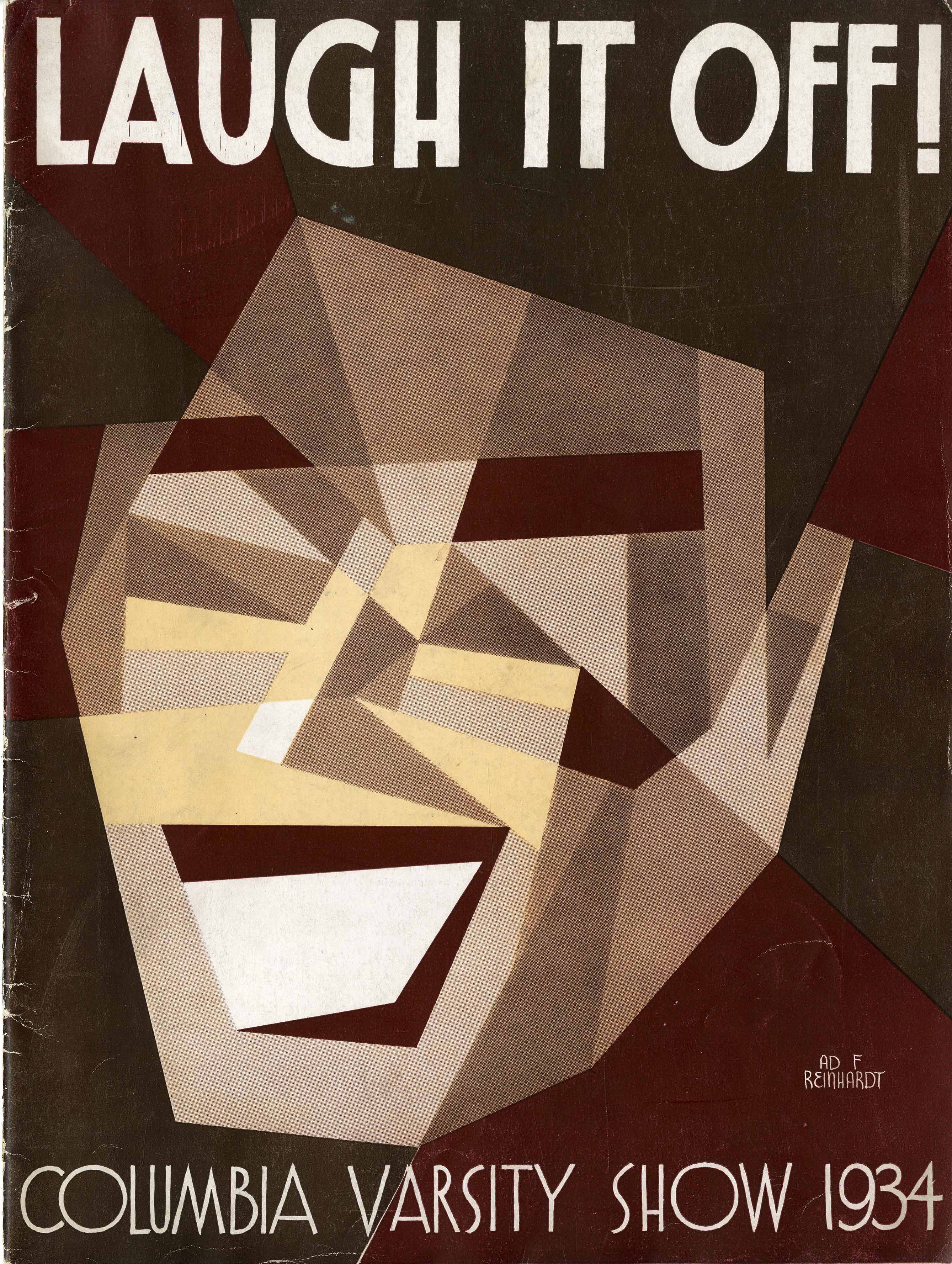 Program cover for 1934 Varsity Show, Laugh It Off. Image of laughing face drawn in abstract style.